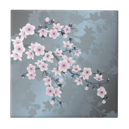 Floral Cherry Blossom Pink Dusty Blue Tegeltje