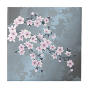 Floral Cherry Blossom Pink Dusty Blue Tegeltje