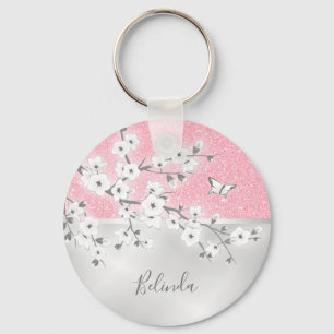 Floral Cherry Blossom Pink Glitter Monogram Sleutelhanger