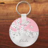 Floral Cherry Blossom Pink Glitter Monogram Sleutelhanger (Achterkant)
