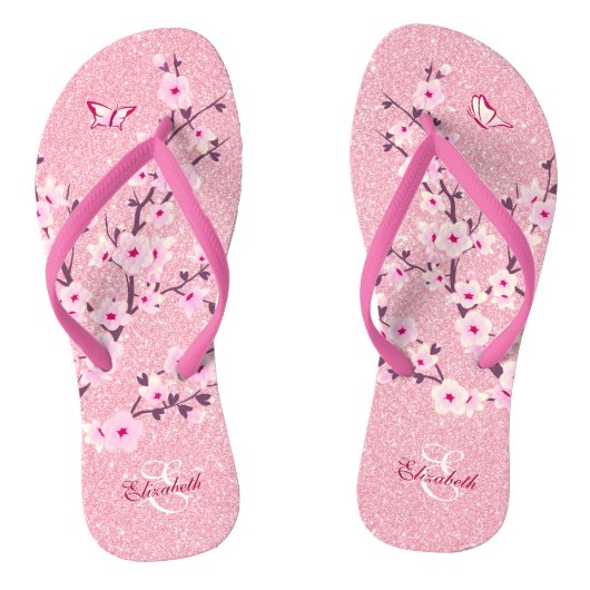 Floral Cherry Blossom Pink Glitter Name Monogram Teenslippers (Voetbed)