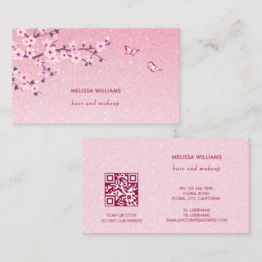 Floral Cherry Blossom Pink Glitter QR Code Visitekaartje (Voorkant / Achterkant)