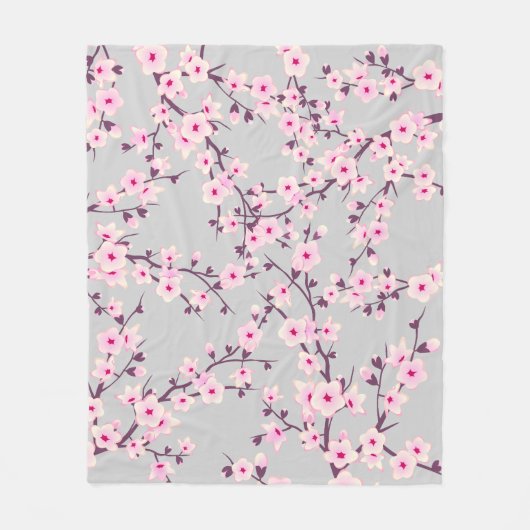 Floral Cherry Blossom Pink Grey Fleece Deken (Voorkant)