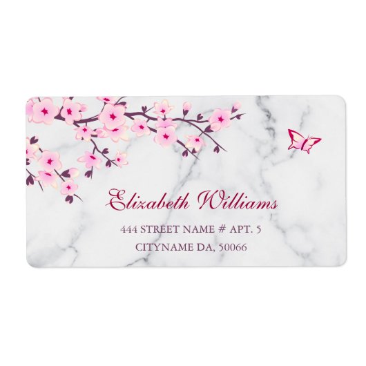 Floral Cherry Blossom Pink Grey Marble Etiket (Voorkant)