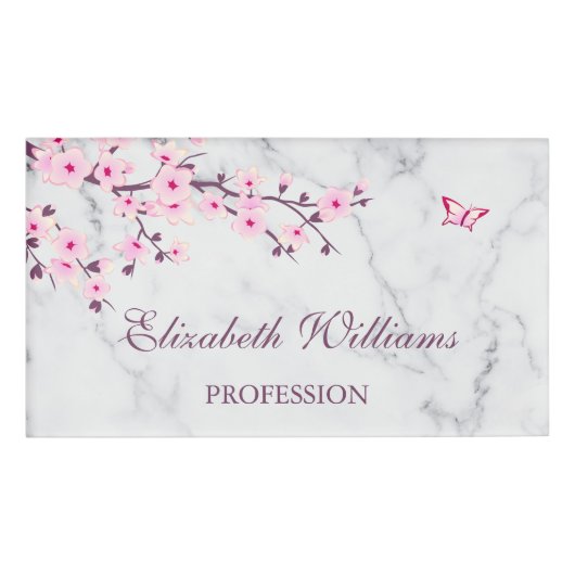Floral Cherry Blossom Pink Grey Marble Naambadge (Voorkant)