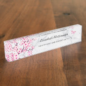 Floral Cherry Blossom Pink Grey Marble Naambordje (Zijkant)