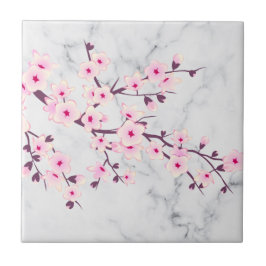 Floral Cherry Blossom Pink Grey Marble Tegeltje