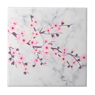 Floral Cherry Blossom Pink Grey Marble Tegeltje