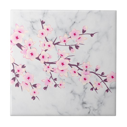 Floral Cherry Blossom Pink Grey Marble Tegeltje (Voorkant)