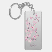 Floral Cherry Blossom Pink Grey Naam toevoegen Sleutelhanger (Voorkant Links)