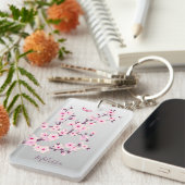 Floral Cherry Blossom Pink Grey Naam toevoegen Sleutelhanger (Voorkant Rechts)