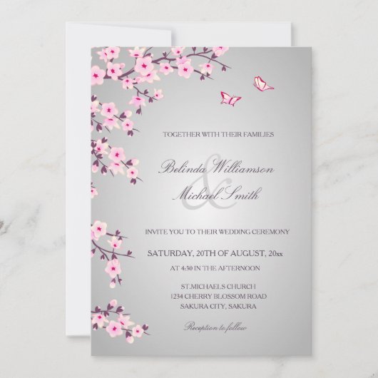 Floral Cherry Blossom Pink Grey Wedding Kaart (Voorkant)