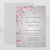Floral Cherry Blossom Pink Grey Wedding Kaart (Voorkant / Achterkant)