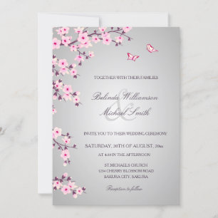 Floral Cherry Blossom Pink Grey Wedding Kaart