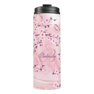 Floral Cherry Blossom Pink Marble Name Monogram Thermosbeker