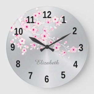 Floral Cherry Blossom Pink Silver Girls Grote Klok