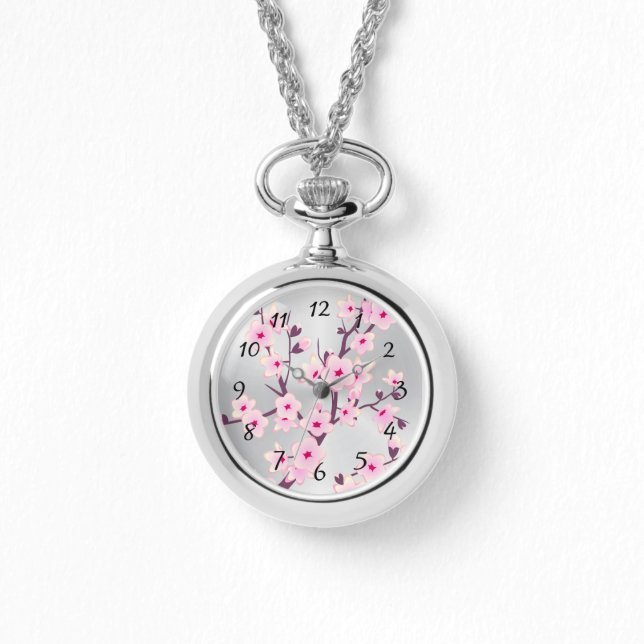 Floral Cherry Blossom Pink Silver Numbers Horloge (Voorkant)