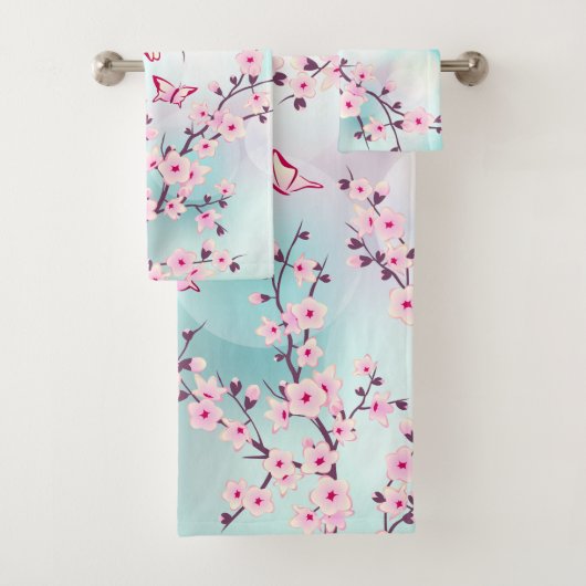 Floral Cherry Blossom Pink Turquoise Cute Bad Handdoek (Insitu)