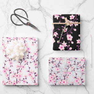 Floral Cherry Blossom Pink White Black Grey Inpakpapier Vel