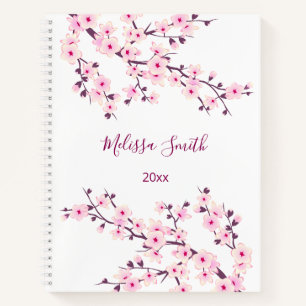 Floral Cherry Blossom Pink White Jouw naam Notitieboek