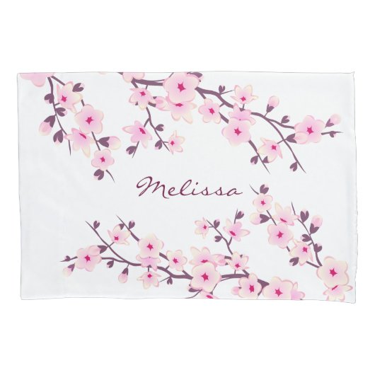 Floral Cherry Blossom Pink White Monogram Kussensloop (Voorkant)
