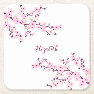 Floral Cherry Blossom Pink White Monogram Vierkante Kartonnen Onderzetter