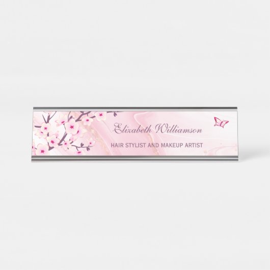 Floral Cherry Blossom roze marmer Hair en Makeup Bureau Naambordje (Voorkant)