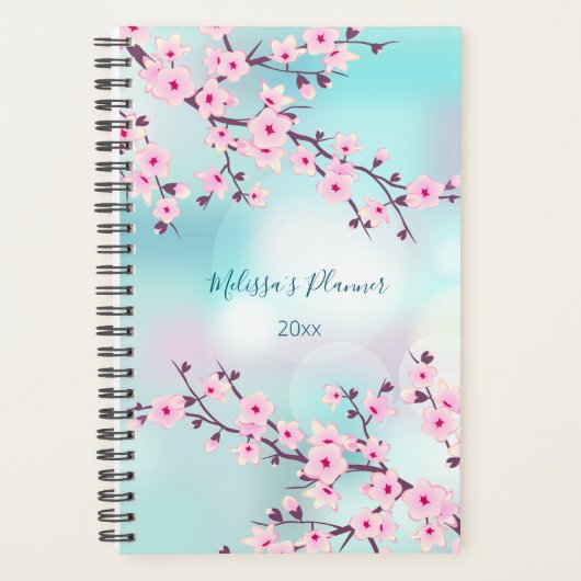 Floral Cherry Blossom roze turquoise naam en jaar Planner (Voorkant)