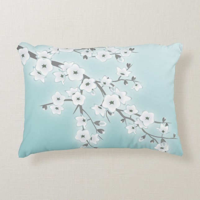 Floral Cherry Blossom (Sakura) Mint White Accent Kussen (Voorkant)