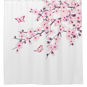 Floral Cherry Blossom White Pink Douchegordijn