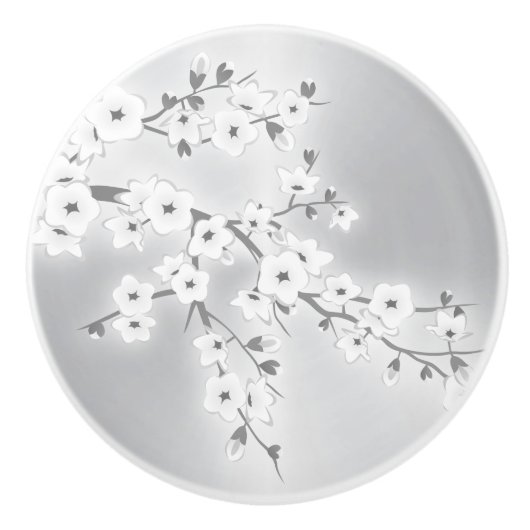 Floral Cherry Blossom White Silver Keramische Knop (Voorkant)