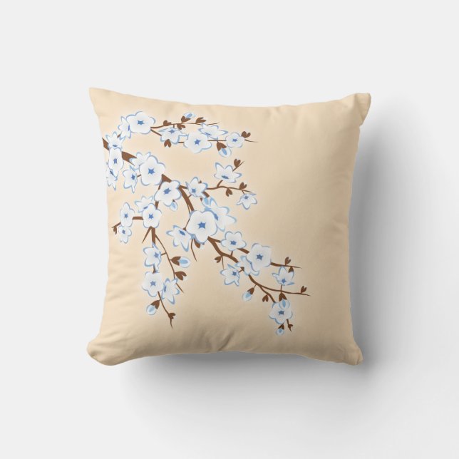 Floral Cherry Blossoms Blue White Kussen (Voorkant)