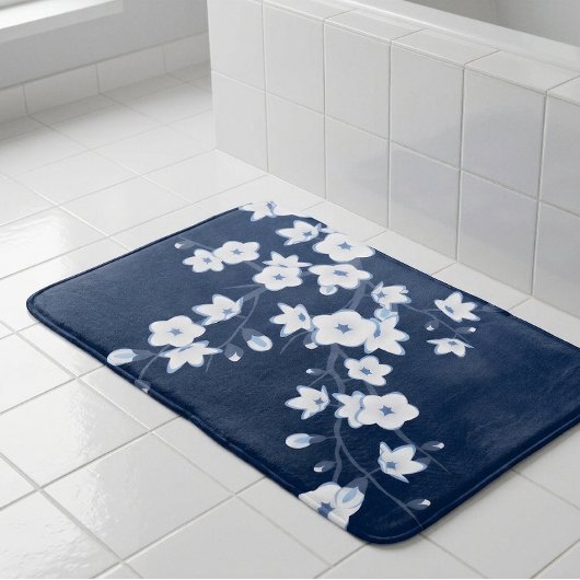Floral Cherry Blossoms Dark Blue White Badmat