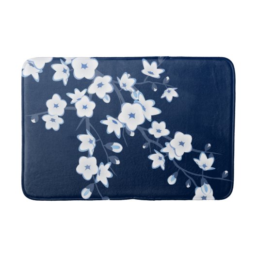 Floral Cherry Blossoms Dark Blue White Badmat (Voorkant)