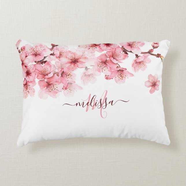 Floral Cherry Blossoms Pink White Customizable Accent Kussen (Voorkant)