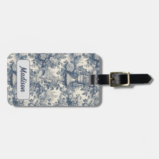  floral chic blauw toile de jouy monogram bagagelabel (Voorkant horizontaal)