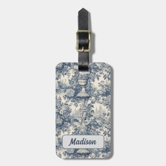 floral chic blauw toile de jouy monogram bagagelabel (Voorkant verticaal)