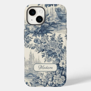  floral chic blauw toile de jouy monogram Case-Mate iPhone 14 hoesje