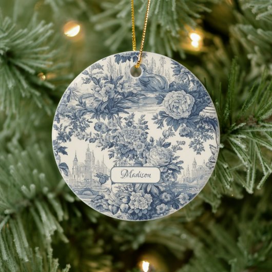 floral chic blauw toile de jouy monogram keramisch ornament (Boom)