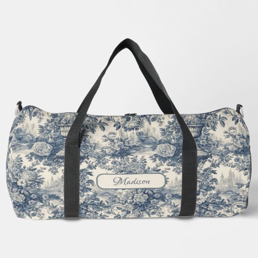  floral chic blauw toile de jouy monogram plunjezak (Voorkant)