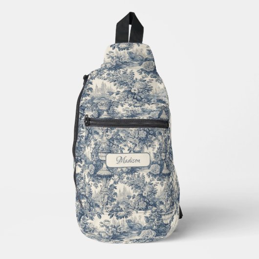  floral chic blauw toile de jouy monogram sling bag (Voorkant)