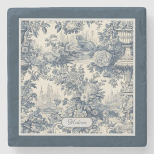  floral chic blauw toile de jouy monogram stenen onderzetter