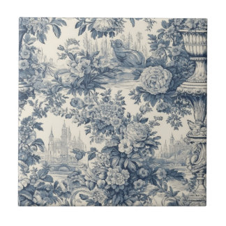  floral chic blauw toile de jouy monogram tegeltje