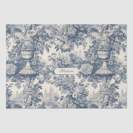  floral chic blauw toile de jouy monogram tissuepapier (Voorkant)