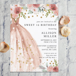 Floral Chic Blush Gold Glitter Dress Sweet 16 Kaart
