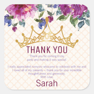 Floral Chic Crown Verjaardag Dank u Vierkante Sticker