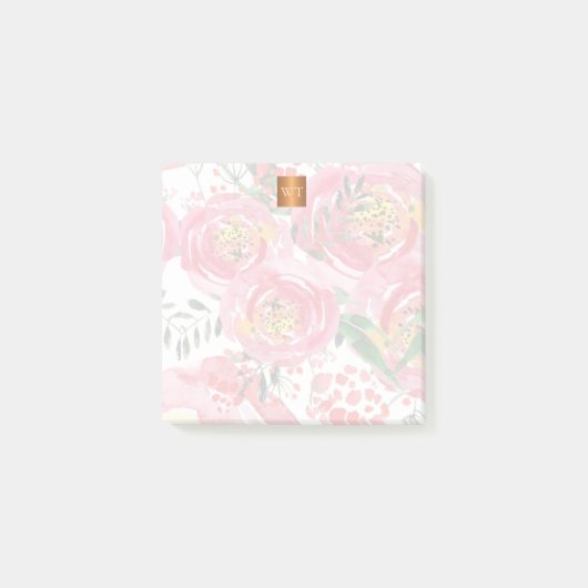 Floral chic metallic goud koper monogrammed post-it® notes (Voorkant)