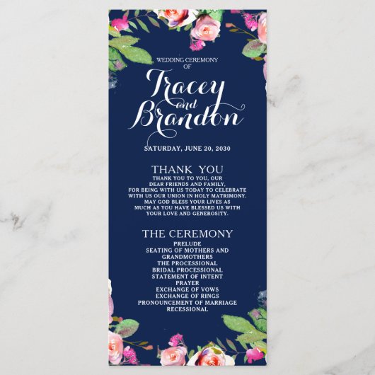 Floral Chic Navy Blue Elegant Wedding Programme (Devant)