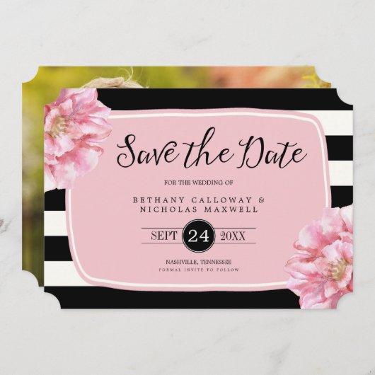 Floral Chic Photo Enregistrer la carte Date / Rose (Devant / Derrière)