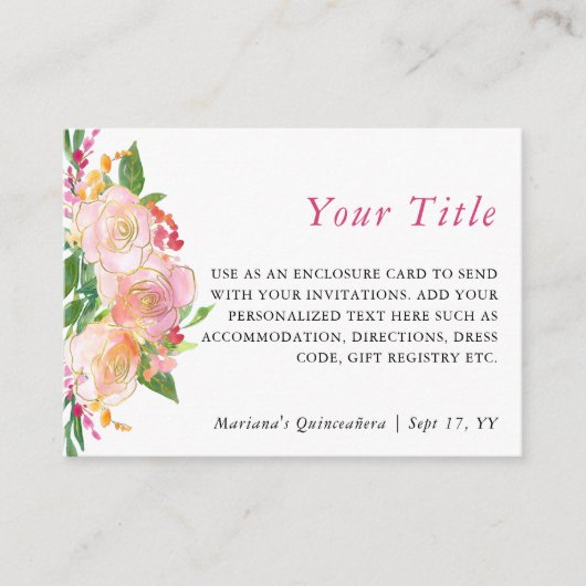 Floral Chic Pink en Gold Custom Enclosure Informatiekaartje (Voorkant)